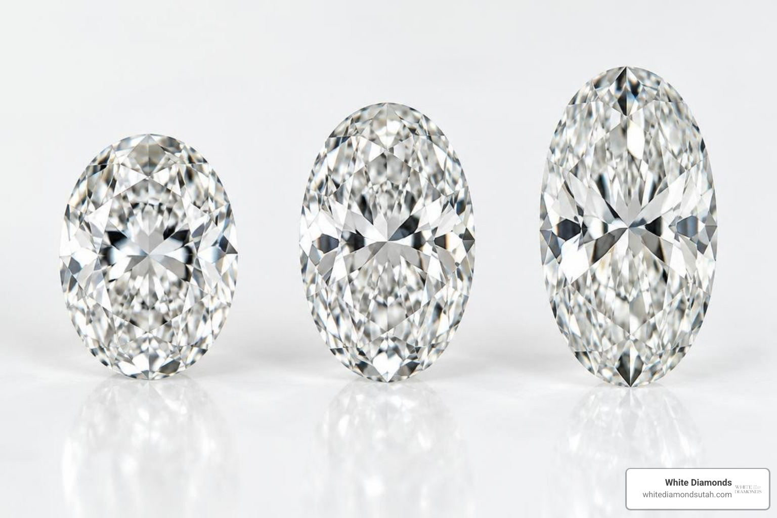 Length to width ratios of oval cut diamonds side by side Length to width ratios of oval cut diamonds side by side