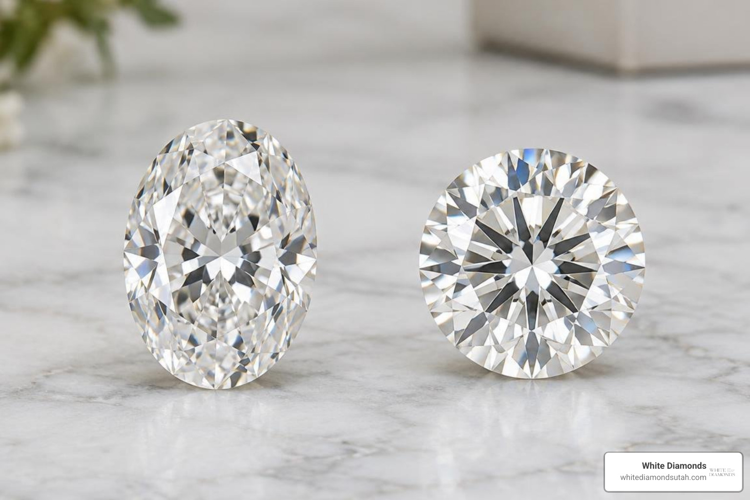 Visual comparison between an oval cut diamond and a round brilliant cut diamond Visual comparison between an oval cut diamond and a round brilliant cut diamond