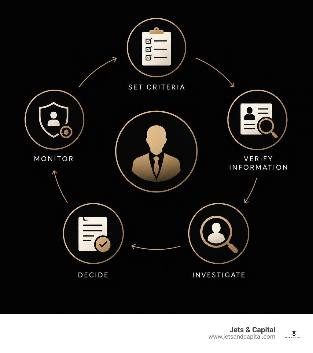 Personnel vetting lifecycle: set criteria, verify information, investigate, decide, and monitor infographic Personnel vetting lifecycle: set criteria, verify information, investigate, decide, and monitor infographic