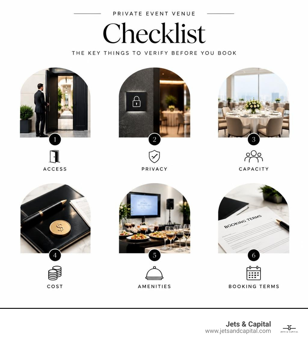 Private event venue checklist: access, privacy, capacity, cost, amenities, and booking terms infographic Private event venue checklist: access, privacy, capacity, cost, amenities, and booking terms infographic