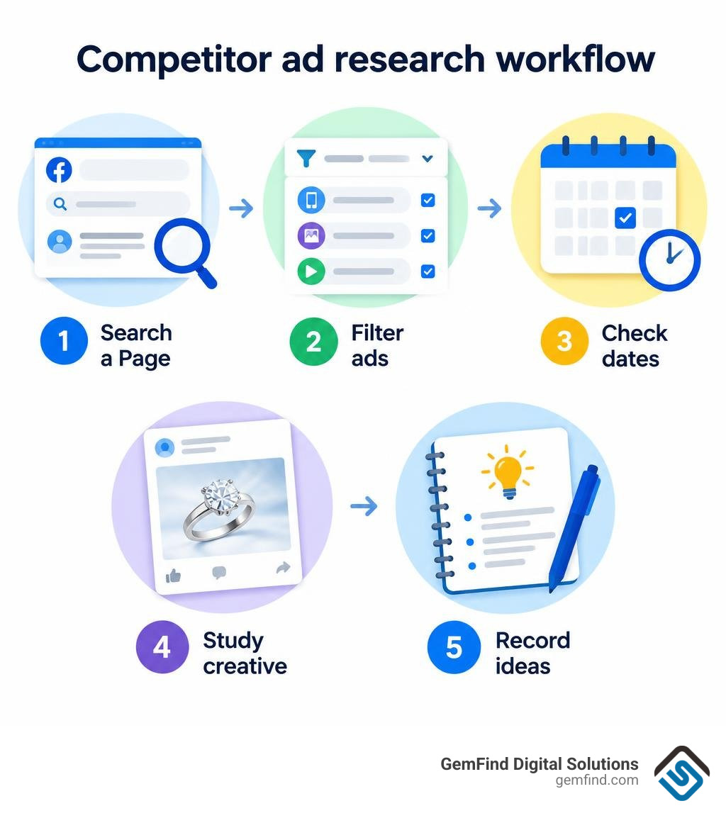 Competitor ad research workflow: search a Page, filter ads, check dates, study creative, record ideas infographic Competitor ad research workflow: search a Page, filter ads, check dates, study creative, record ideas infographic