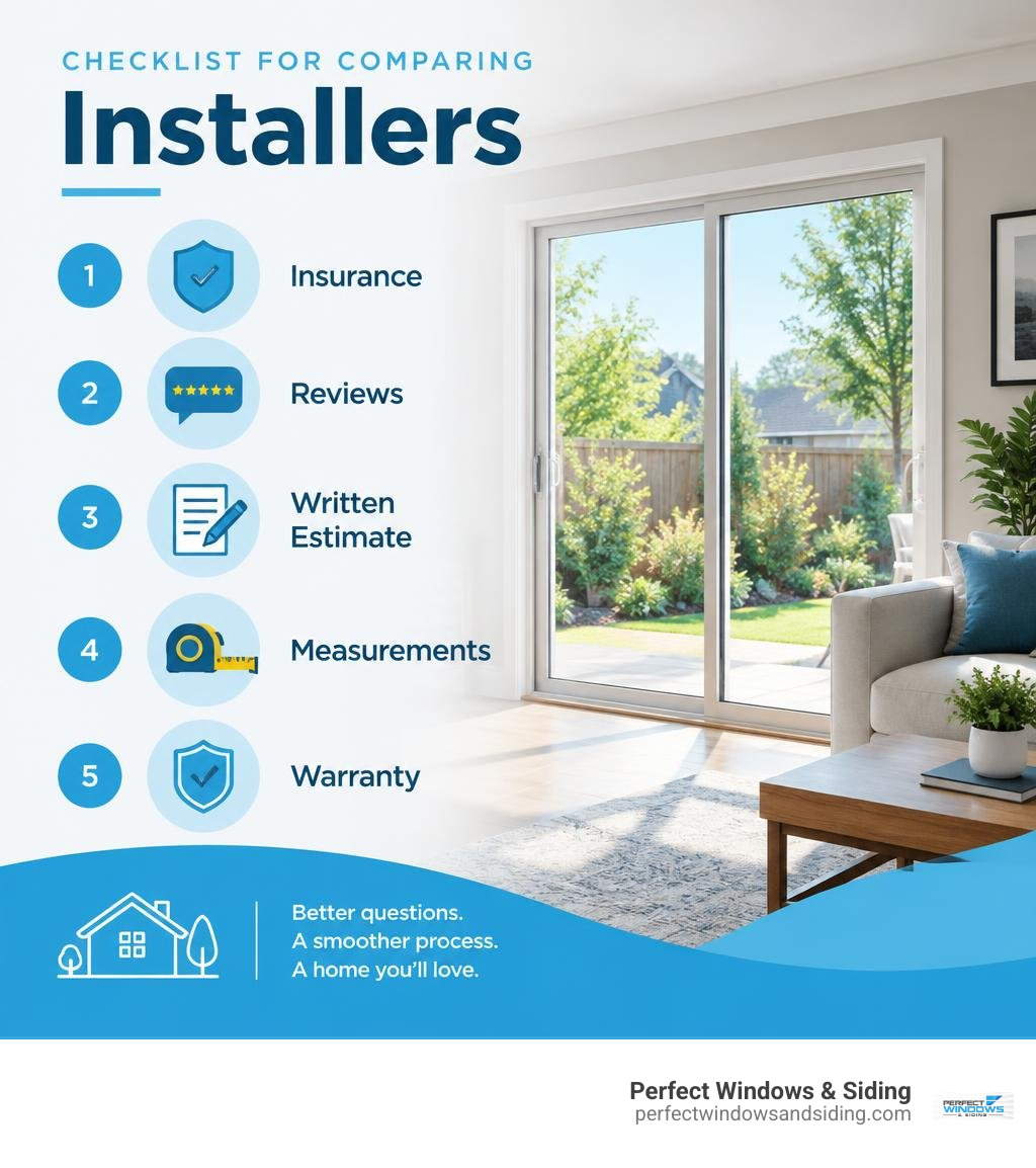 Checklist for comparing installers: insurance, reviews, written estimate, measurements, warranty infographic