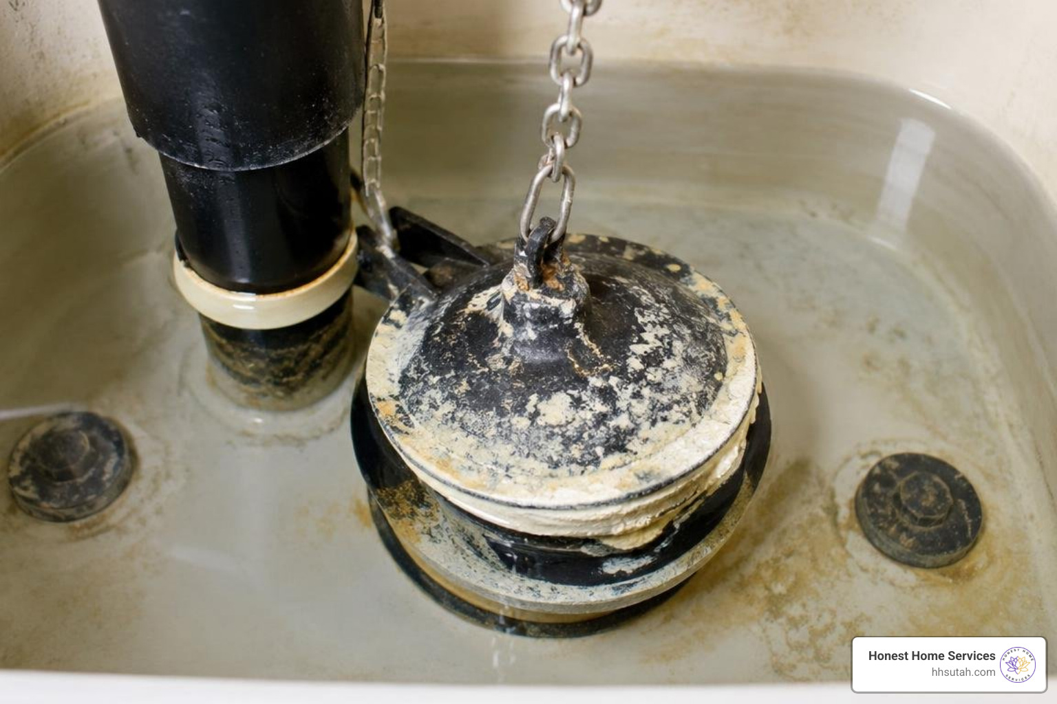 Worn toilet flapper valve covered in mineral buildup