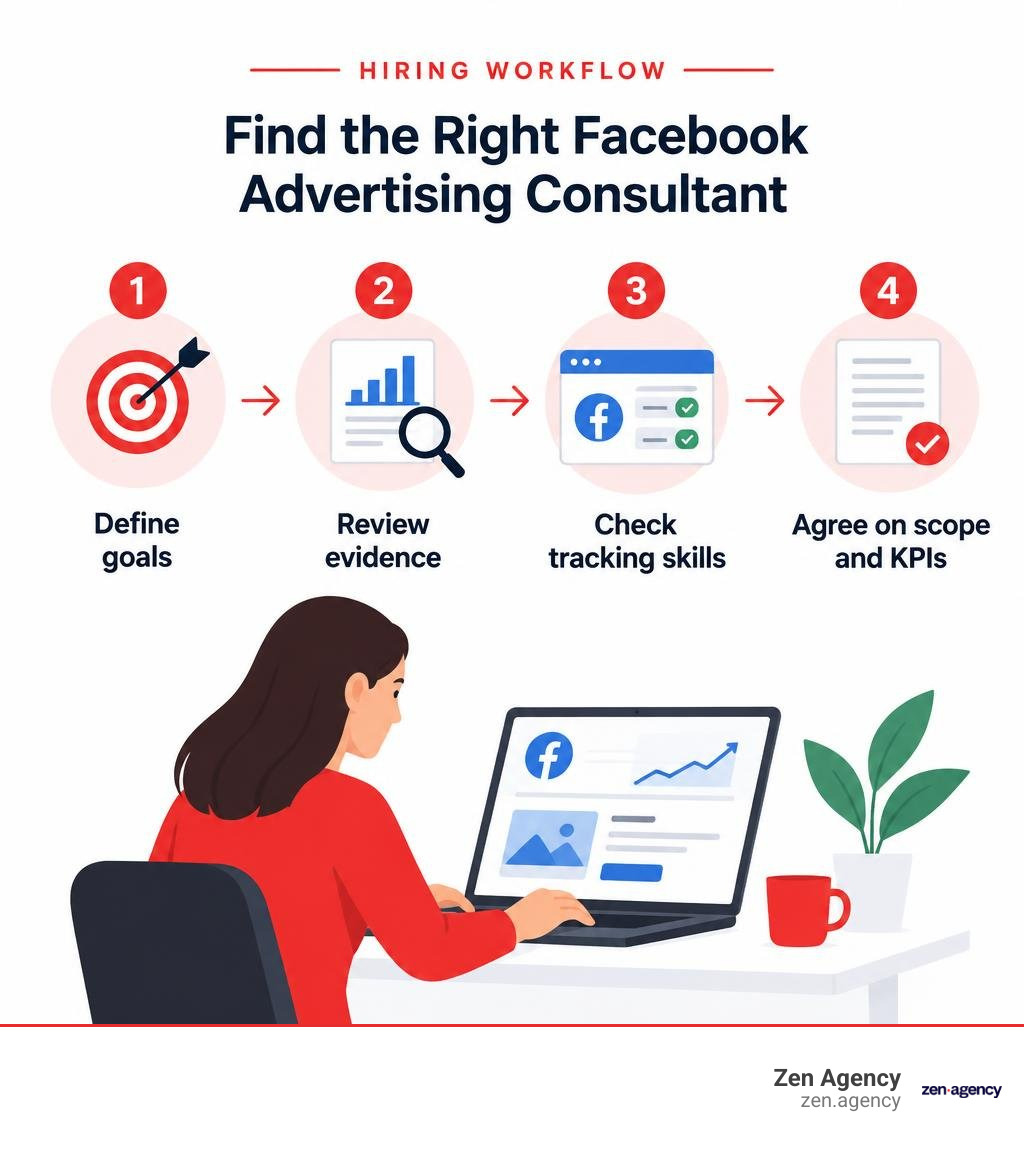 Hiring workflow: define goals, review evidence, check tracking skills, agree on scope and KPIs infographic Hiring workflow: define goals, review evidence, check tracking skills, agree on scope and KPIs infographic