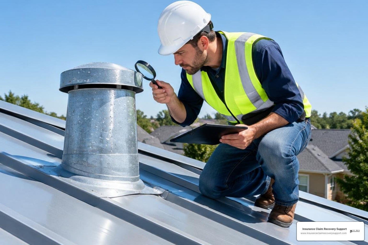 Adjuster documenting hail spatter marks on metal vents Adjuster documenting hail spatter marks on metal vents