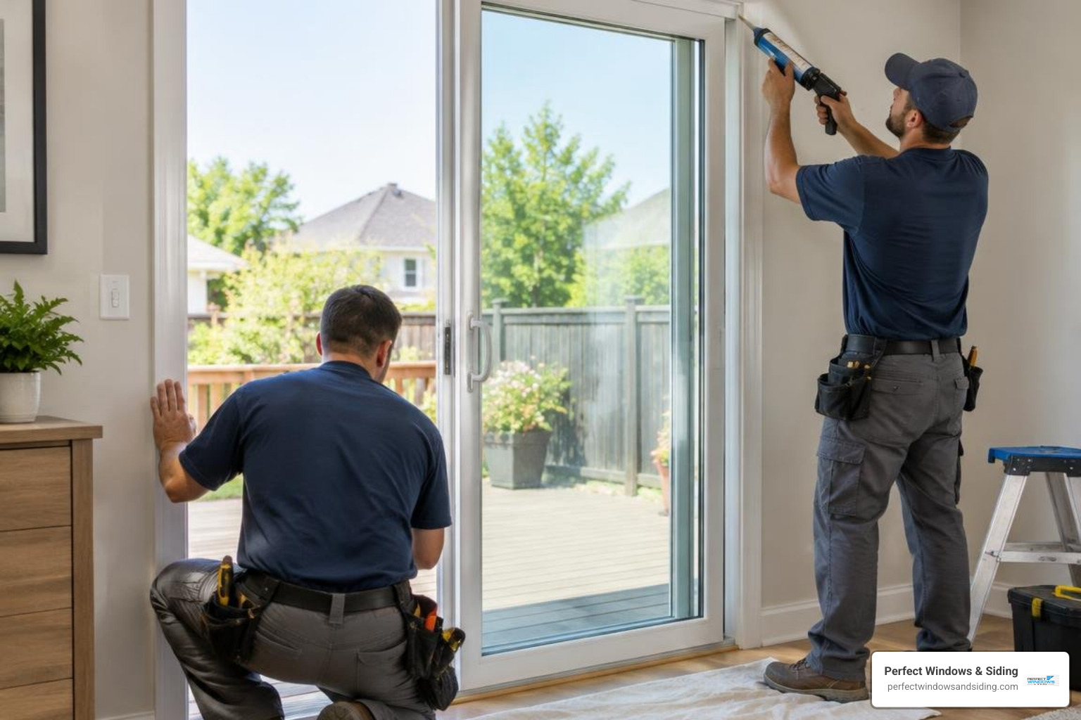Technicians installing and sealing a sliding patio door frame