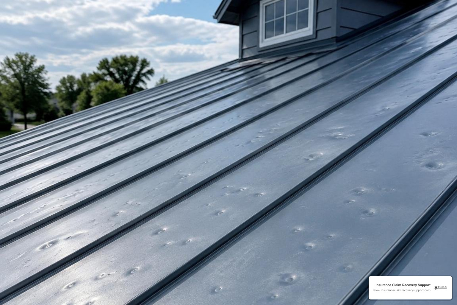 Hail-impacted standing seam metal roof panels Hail-impacted standing seam metal roof panels