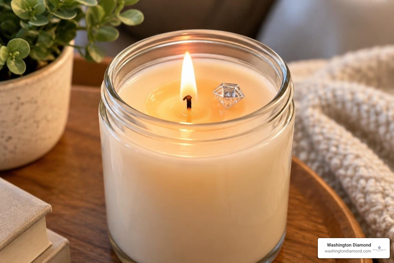 Scented candle with a wrapped diamond capsule visible near the wick Scented candle with a wrapped diamond capsule visible near the wick