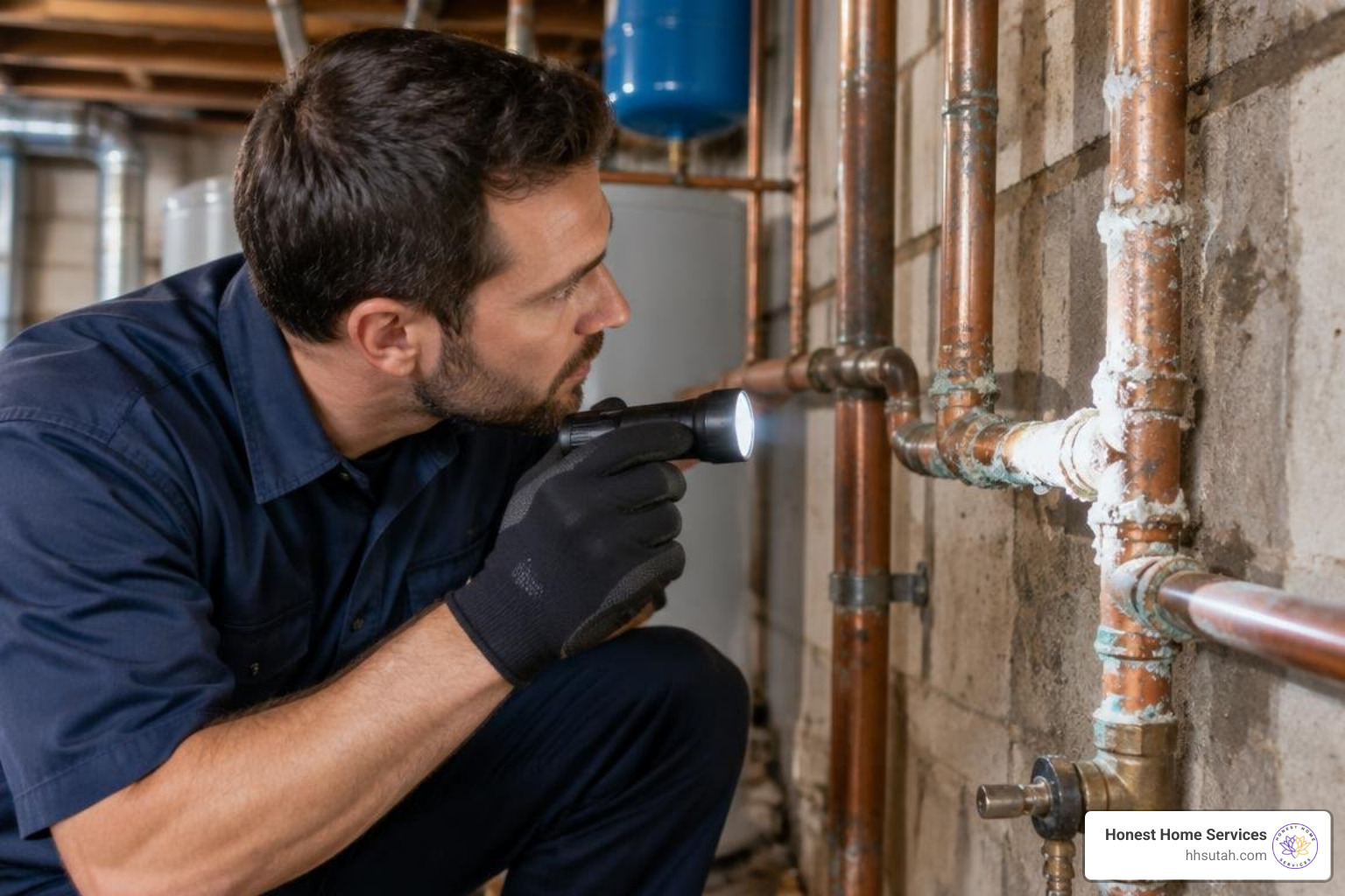 Plumber inspecting residential pipes for mineral buildup and wear