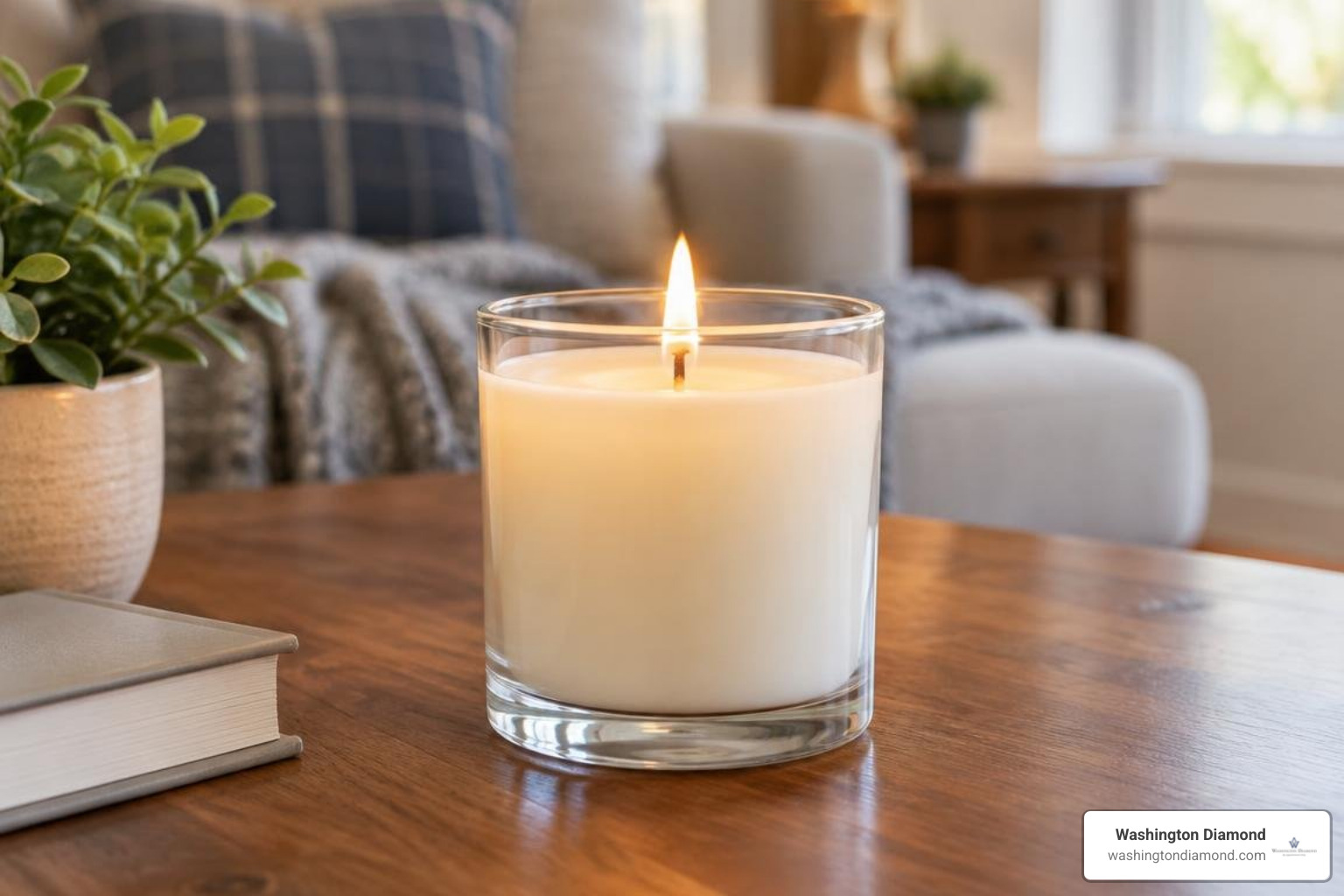Soy wax candle with braided cotton wick burning cleanly in glass jar Soy wax candle with braided cotton wick burning cleanly in glass jar