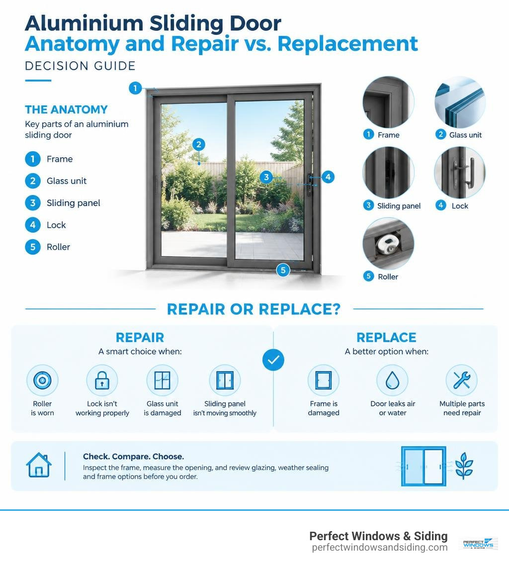 Aluminium sliding door anatomy and repair versus replacement decision guide infographic Aluminium sliding door anatomy and repair versus replacement decision guide infographic