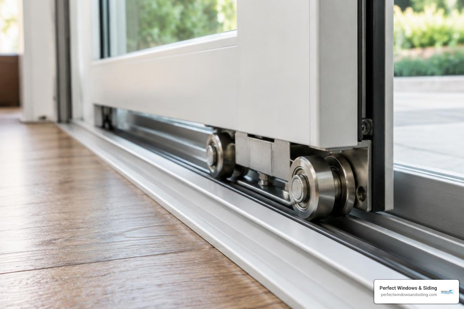 Detailed view of heavy-duty sliding door bottom track and precision stainless-steel rollers Detailed view of heavy-duty sliding door bottom track and precision stainless-steel rollers