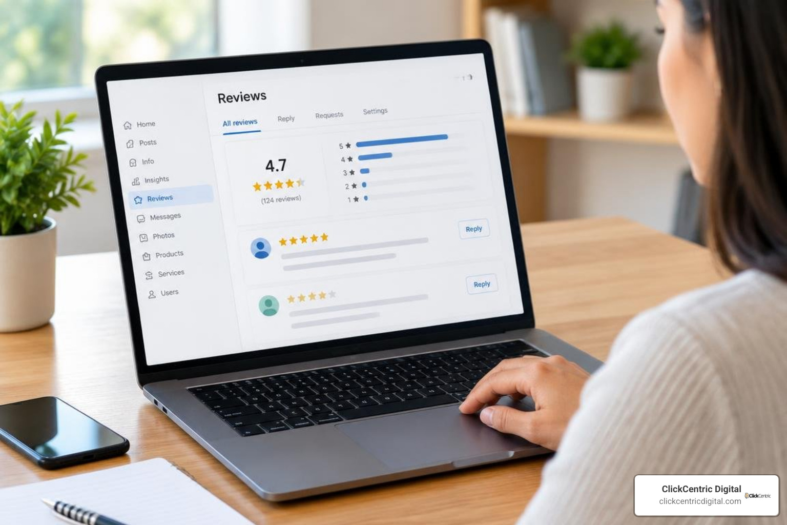 Google Business Profile dashboard showing review management options