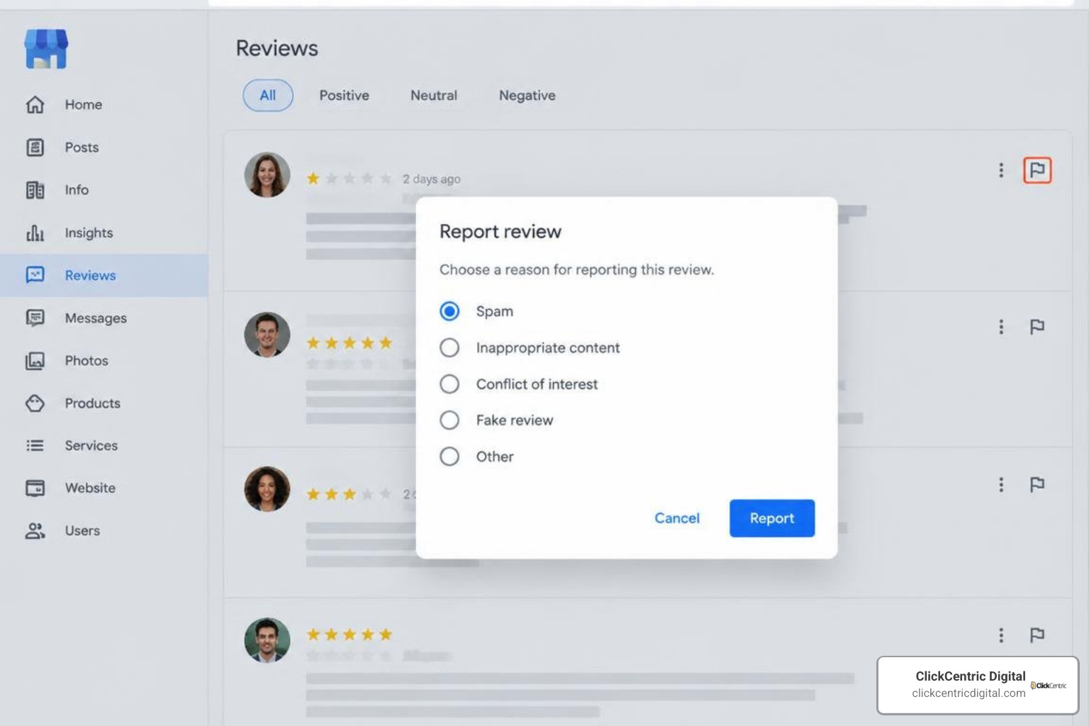 Google Business Profile review reporting interface