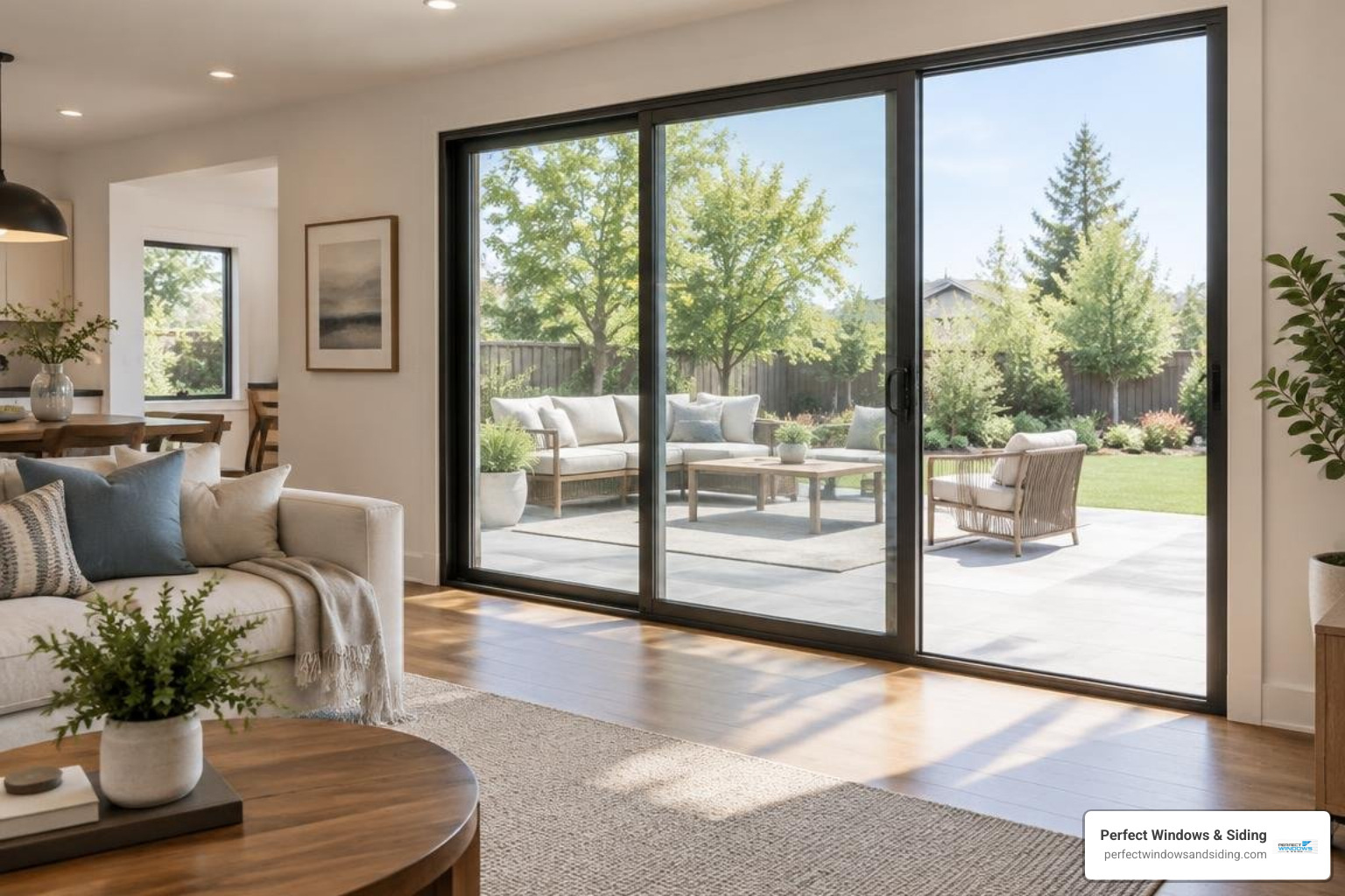 Sleek double-glazed aluminium sliding patio door installed in an open-concept living room Sleek double-glazed aluminium sliding patio door installed in an open-concept living room