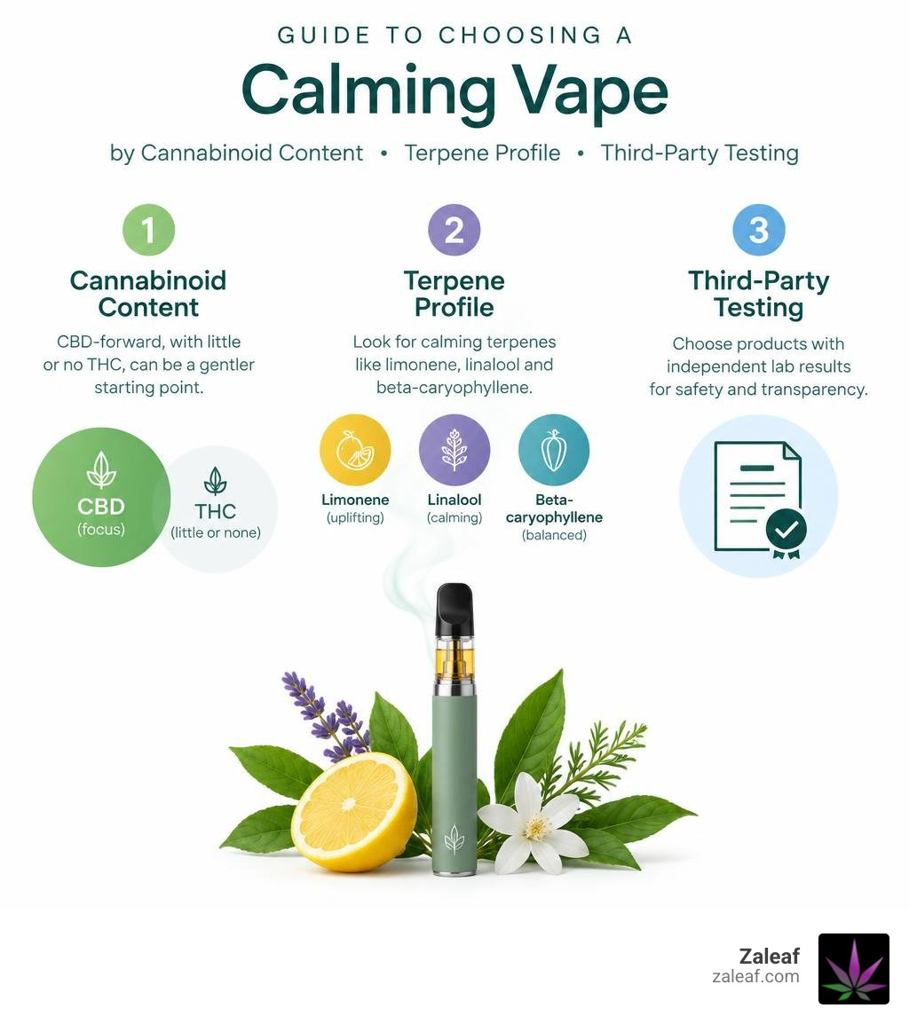 Guide to choosing a calming vape by cannabinoid content terpene profile and third-party testing infographic Guide to choosing a calming vape by cannabinoid content terpene profile and third-party testing infographic