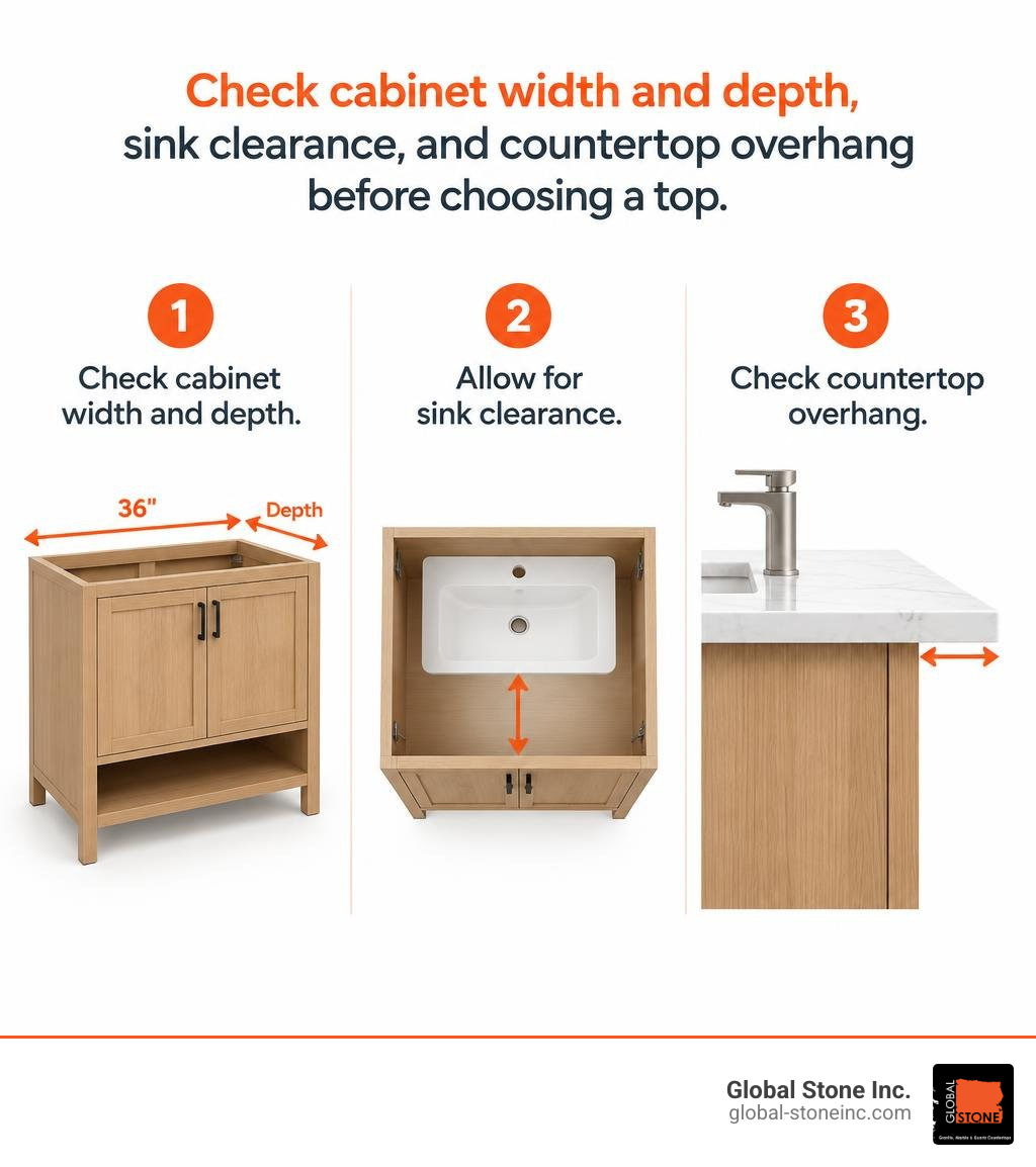 Check cabinet width and depth, sink clearance, and countertop overhang before choosing a top infographic