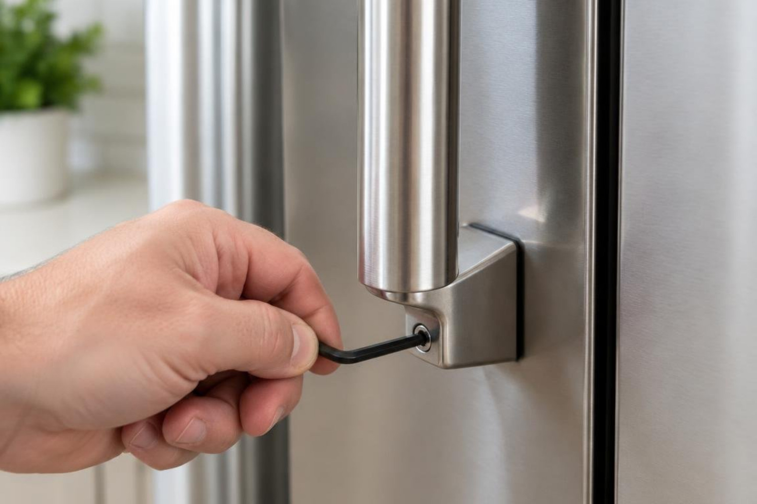 Allen wrench loosening the lower set screw on a refrigerator door handle Allen wrench loosening the lower set screw on a refrigerator door handle