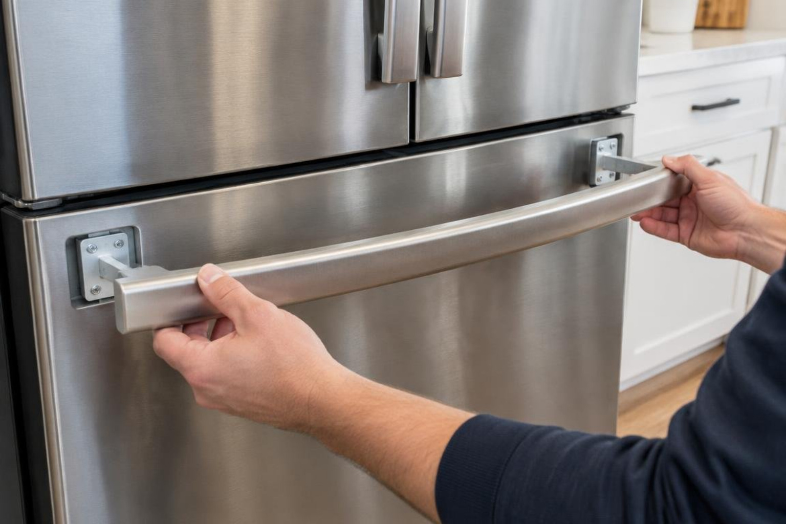 Bottom freezer drawer handle alignment on mounting brackets Bottom freezer drawer handle alignment on mounting brackets