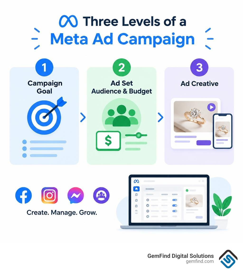 Three levels of a Meta ad campaign: campaign goal, ad set audience and budget, and ad creative infographic Three levels of a Meta ad campaign: campaign goal, ad set audience and budget, and ad creative infographic