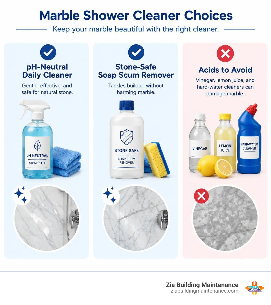 Marble shower cleaner choices: pH-neutral daily cleaner, stone-safe soap scum remover, and acids to avoid infographic Marble shower cleaner choices: pH-neutral daily cleaner, stone-safe soap scum remover, and acids to avoid infographic