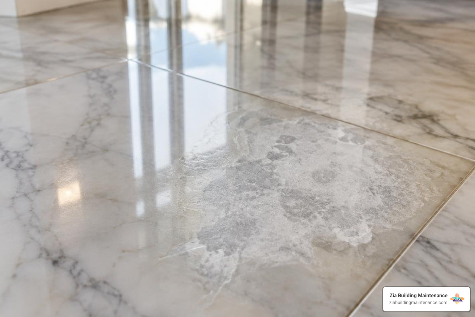Chemical etching damage on polished marble tiles Chemical etching damage on polished marble tiles