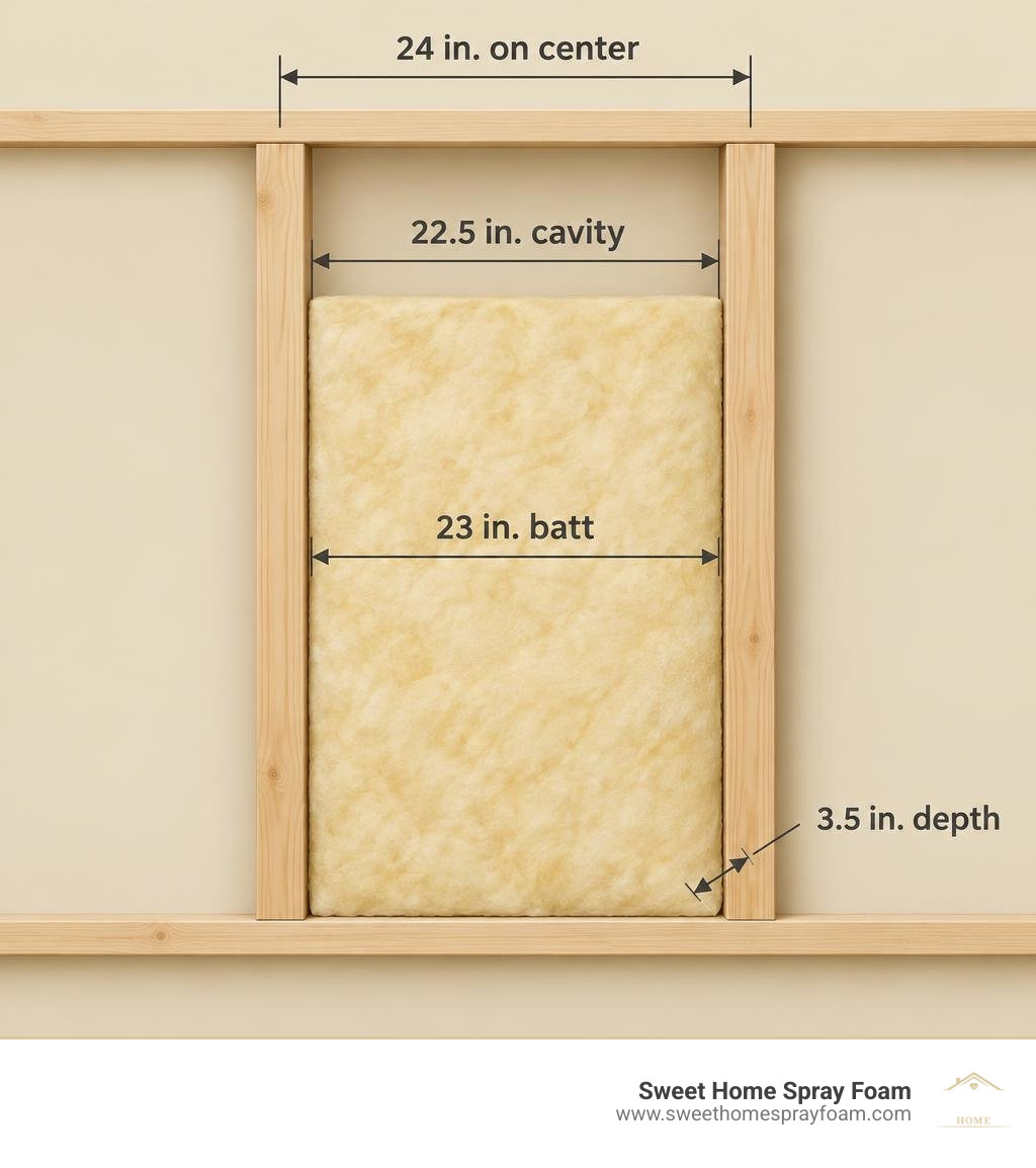 Infographic showing a 23-inch-wide, 3.5-inch-thick batt fitting a 22.5-inch cavity between 2x4 studs framed 24 inches on