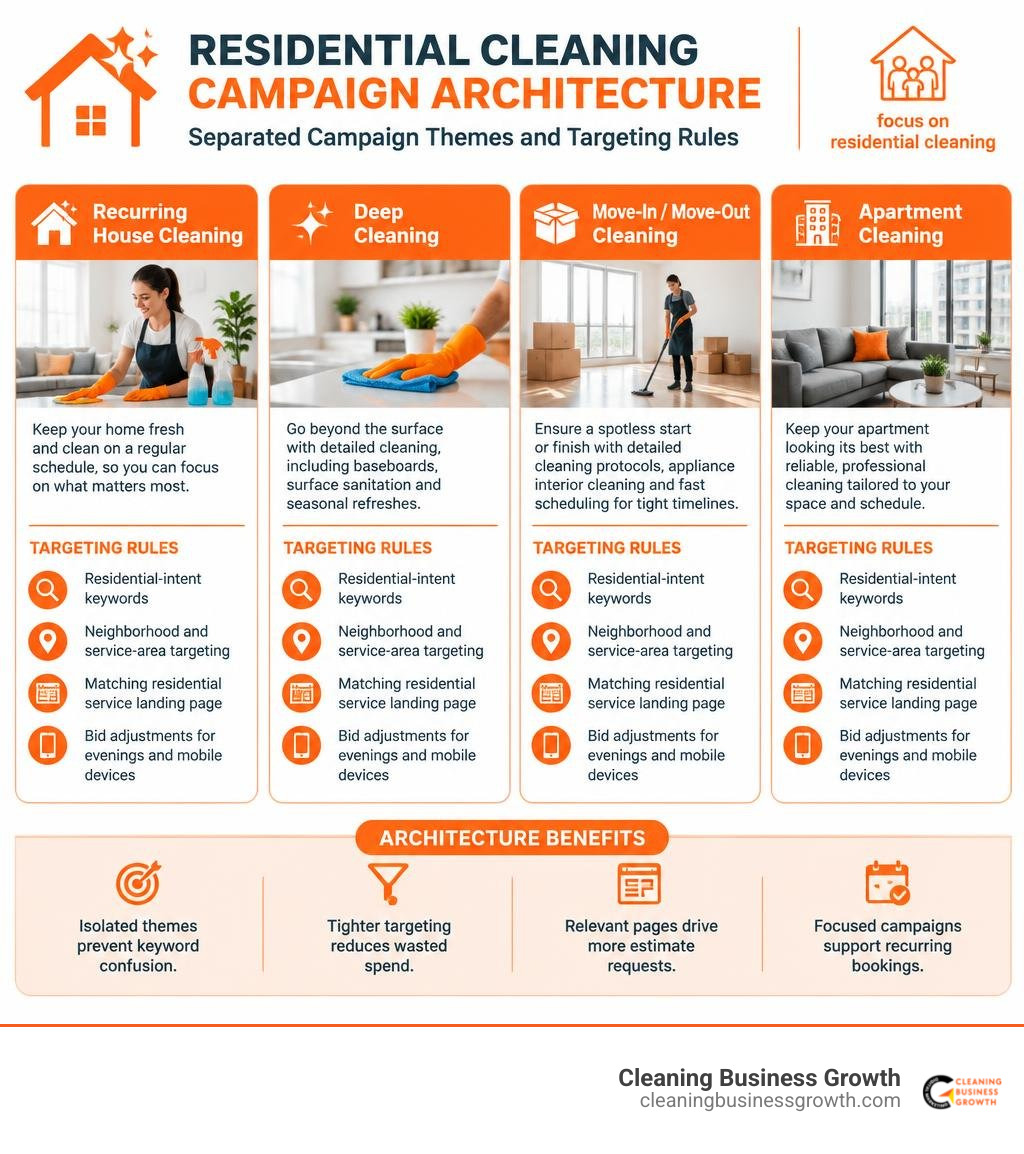 Residential cleaning Google Ads campaign architecture with separated service themes and homeowner-focused targeting rules Residential cleaning Google Ads campaign architecture with separated service themes and homeowner-focused targeting rules