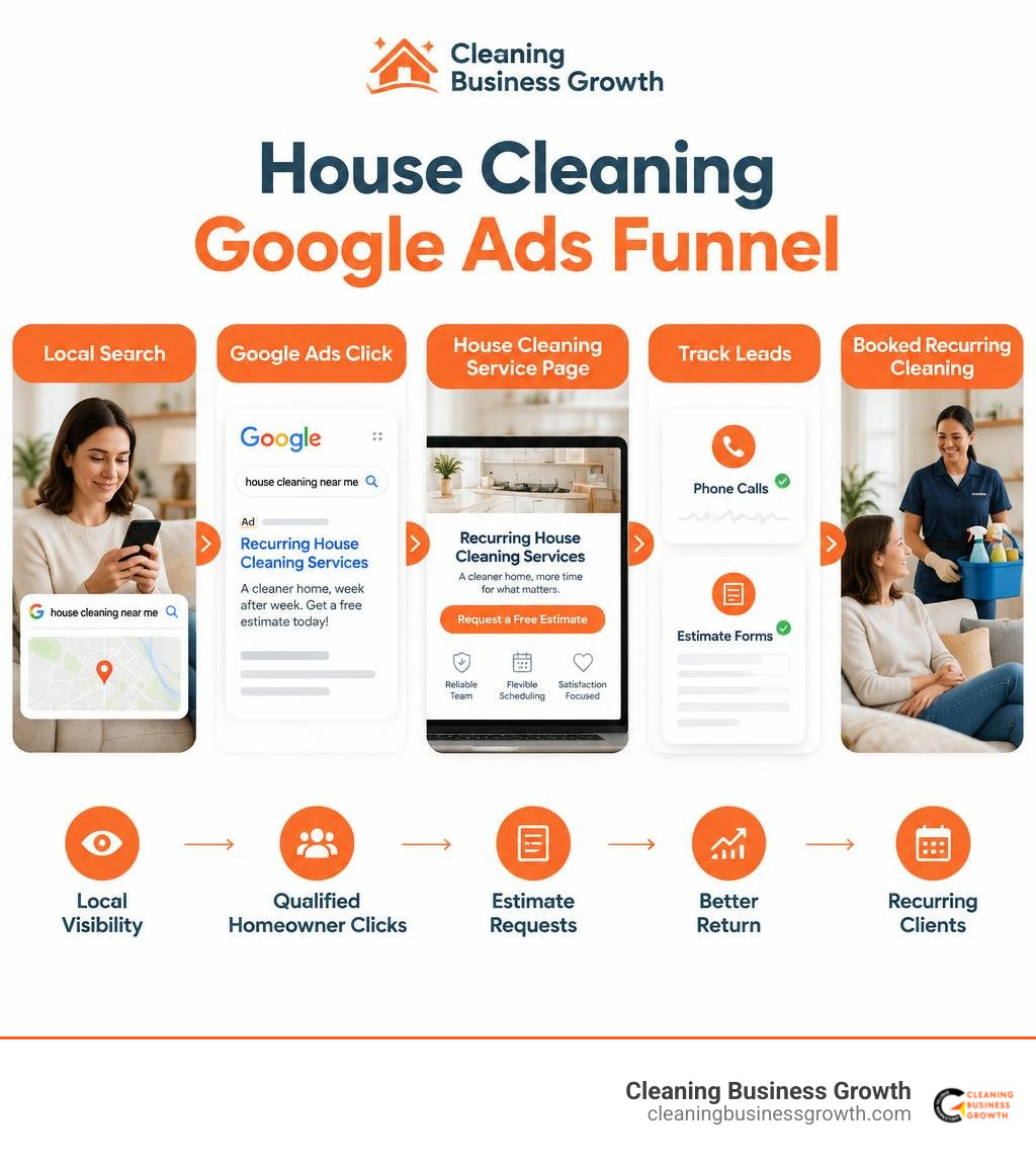 House cleaning Google Ads funnel from local search to booked recurring cleaning infographic House cleaning Google Ads funnel from local search to booked recurring cleaning infographic