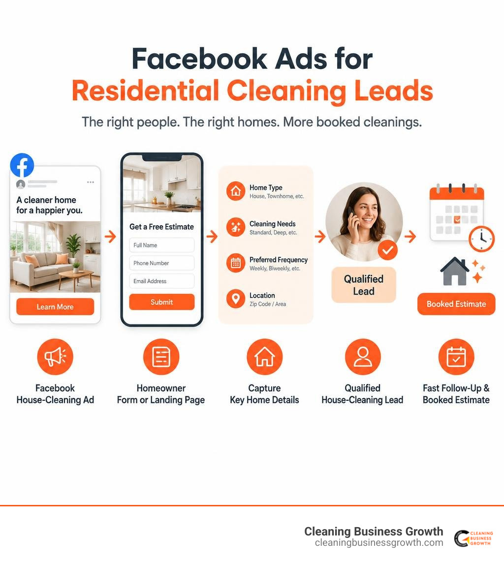 infographic showing a Facebook ad lead-capture workflow for house cleaning leads, from ad click and homeowner form to infographic showing a Facebook ad lead-capture workflow for house cleaning leads, from ad click and homeowner form to
