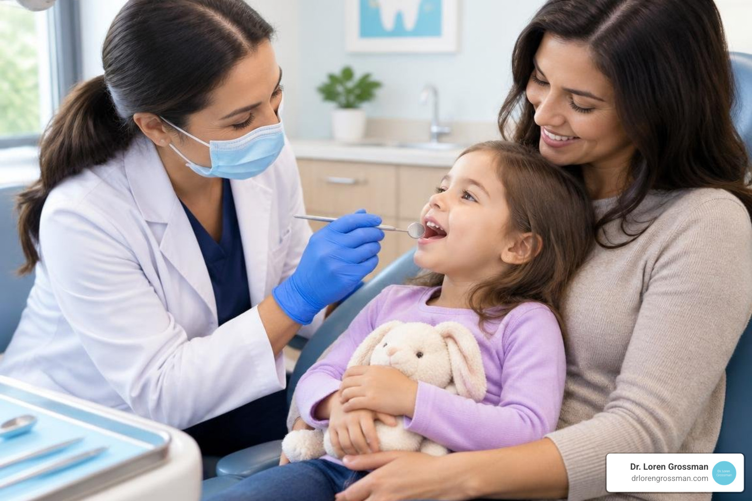 pediatric dentist performing a gentle lap exam with a parent