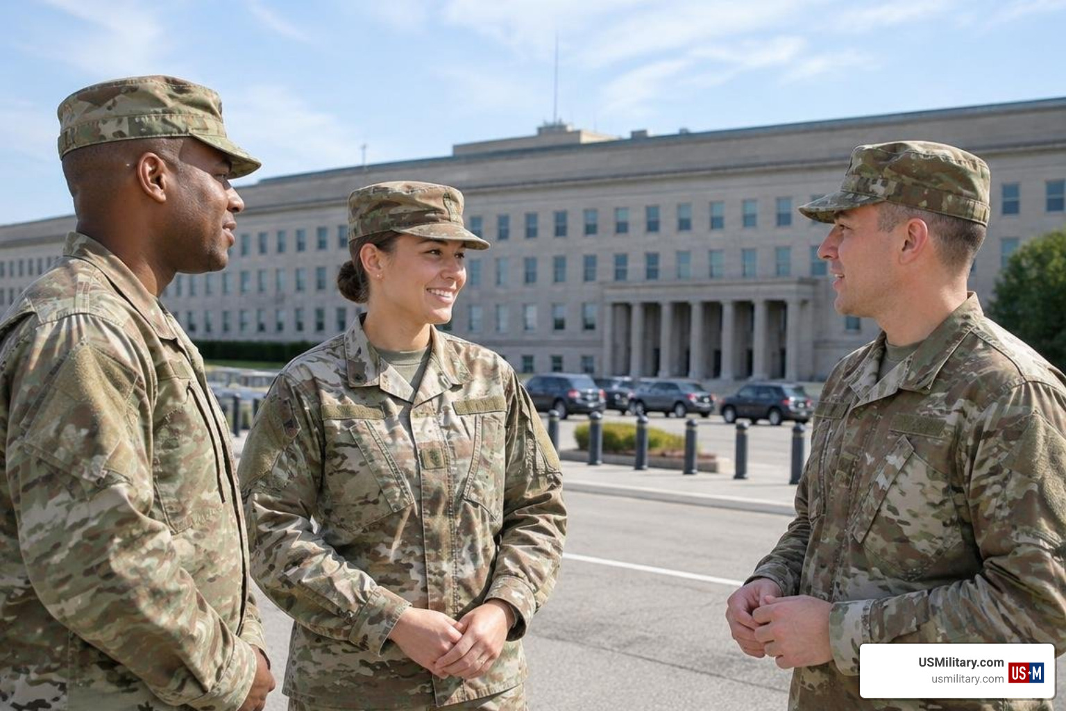 U.S. service members standing outside the Pentagon U.S. service members standing outside the Pentagon