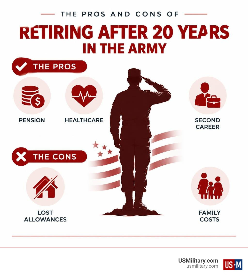 Key pros and cons of Army retirement after 20 years: pension, healthcare, second career, lost allowances, and family costs Key pros and cons of Army retirement after 20 years: pension, healthcare, second career, lost allowances, and family costs