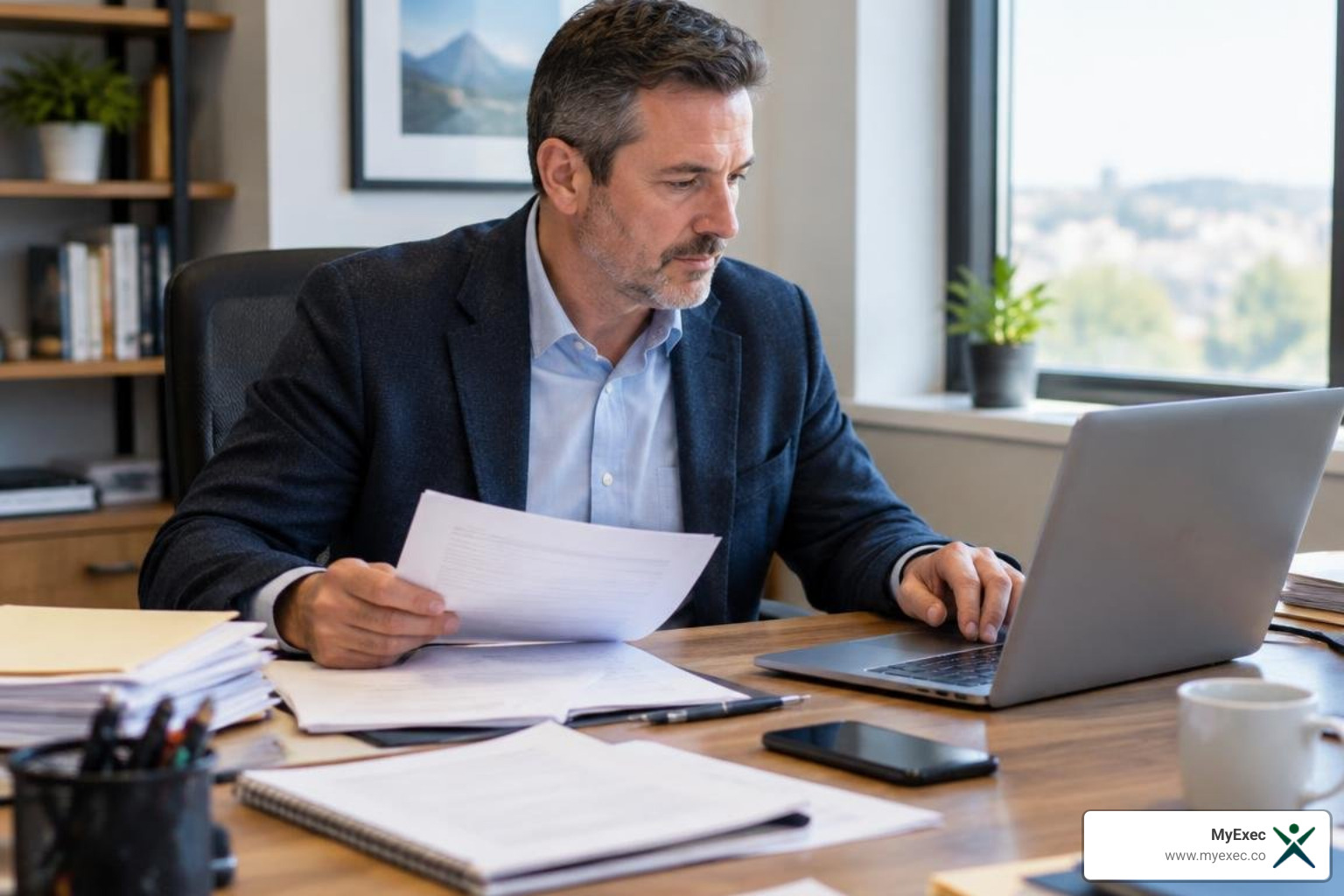 Business owner in a navy blazer reviewing papers and working on a laptop at a desk stacked with files