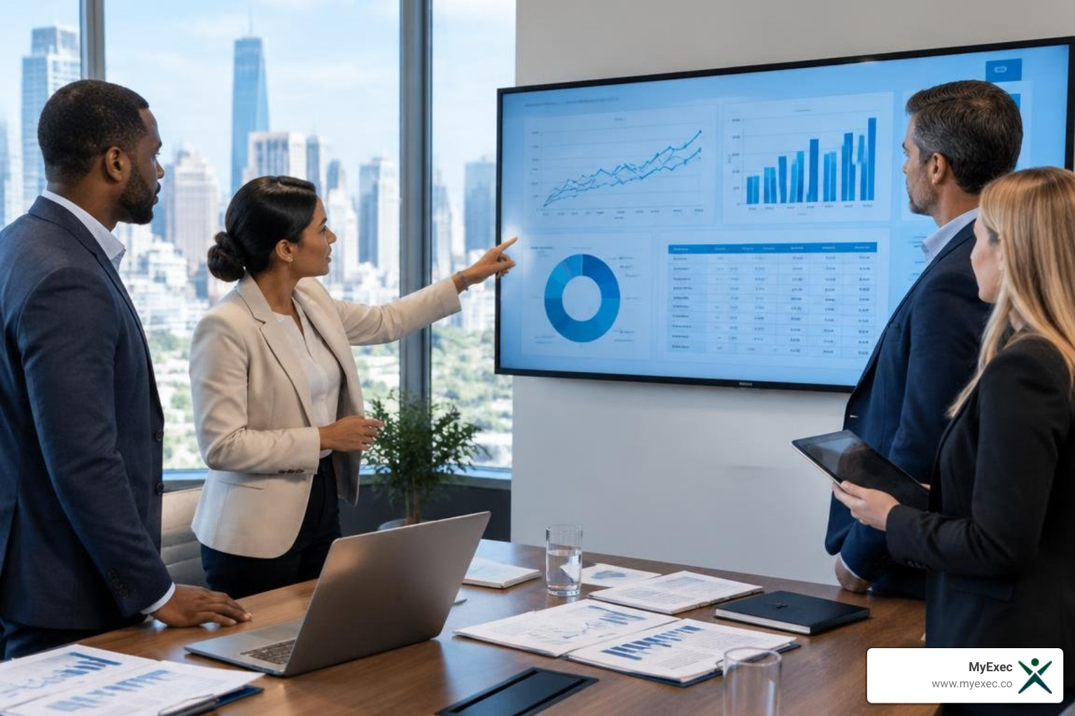 Executive team standing in a conference room reviewing KPI dashboards and financial charts on a wall-mounted screen