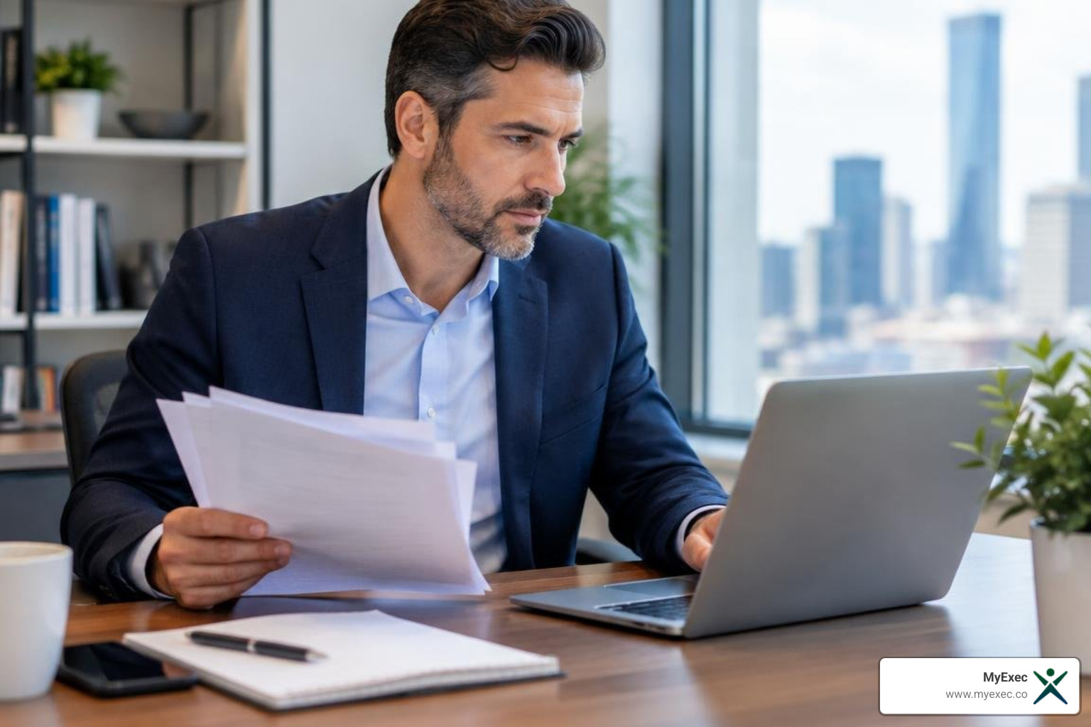 Business executive in a navy blazer reviewing printed documents beside a laptop at an office desk, with a city skyline in the window Business executive in a navy blazer reviewing printed documents beside a laptop at an office desk, with a city skyline in the window