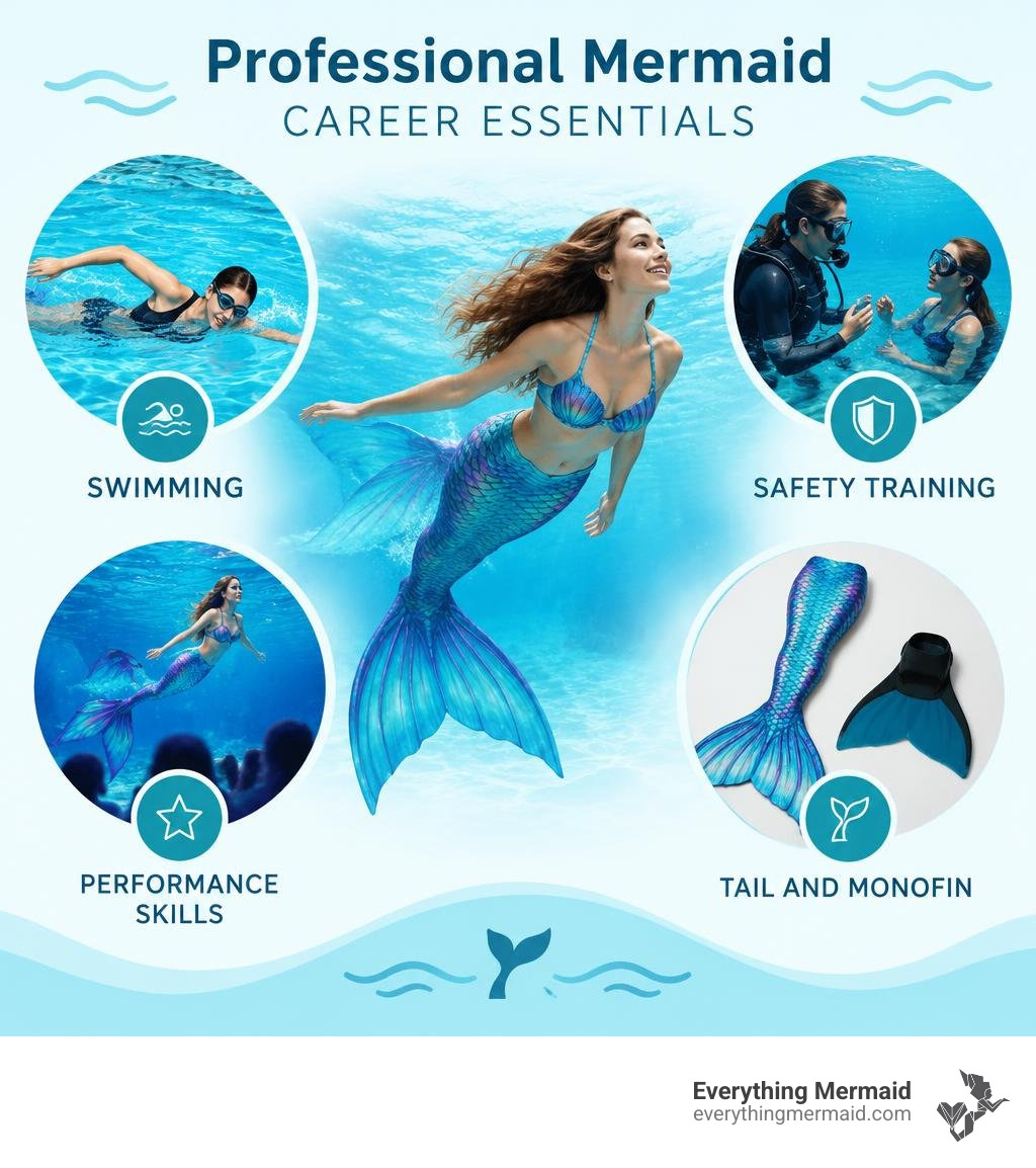 Professional mermaid career essentials: swimming, safety training, performance skills, tail and monofin infographic