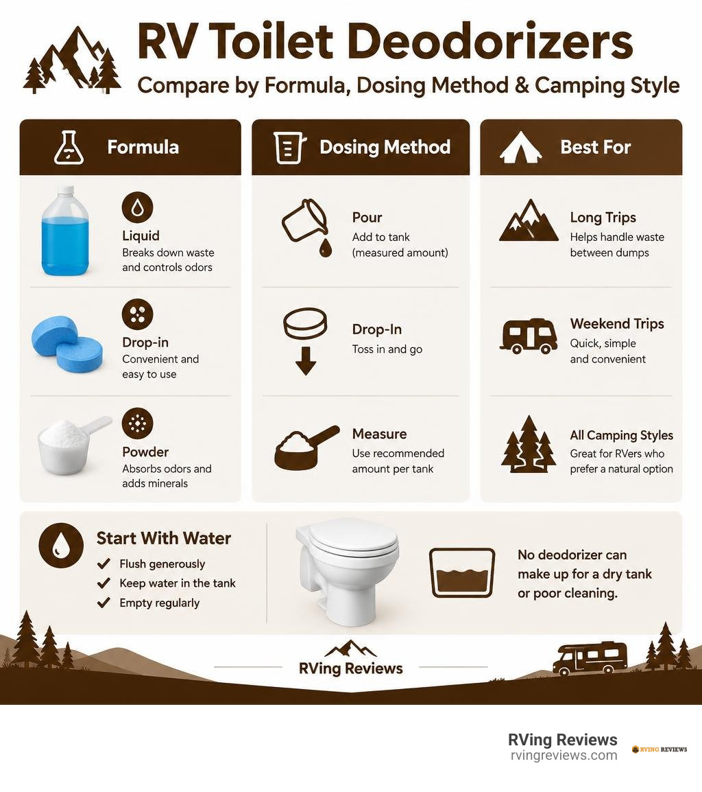 Comparison of RV toilet deodorizers by formula, dosing method, and camping style infographic Comparison of RV toilet deodorizers by formula, dosing method, and camping style infographic