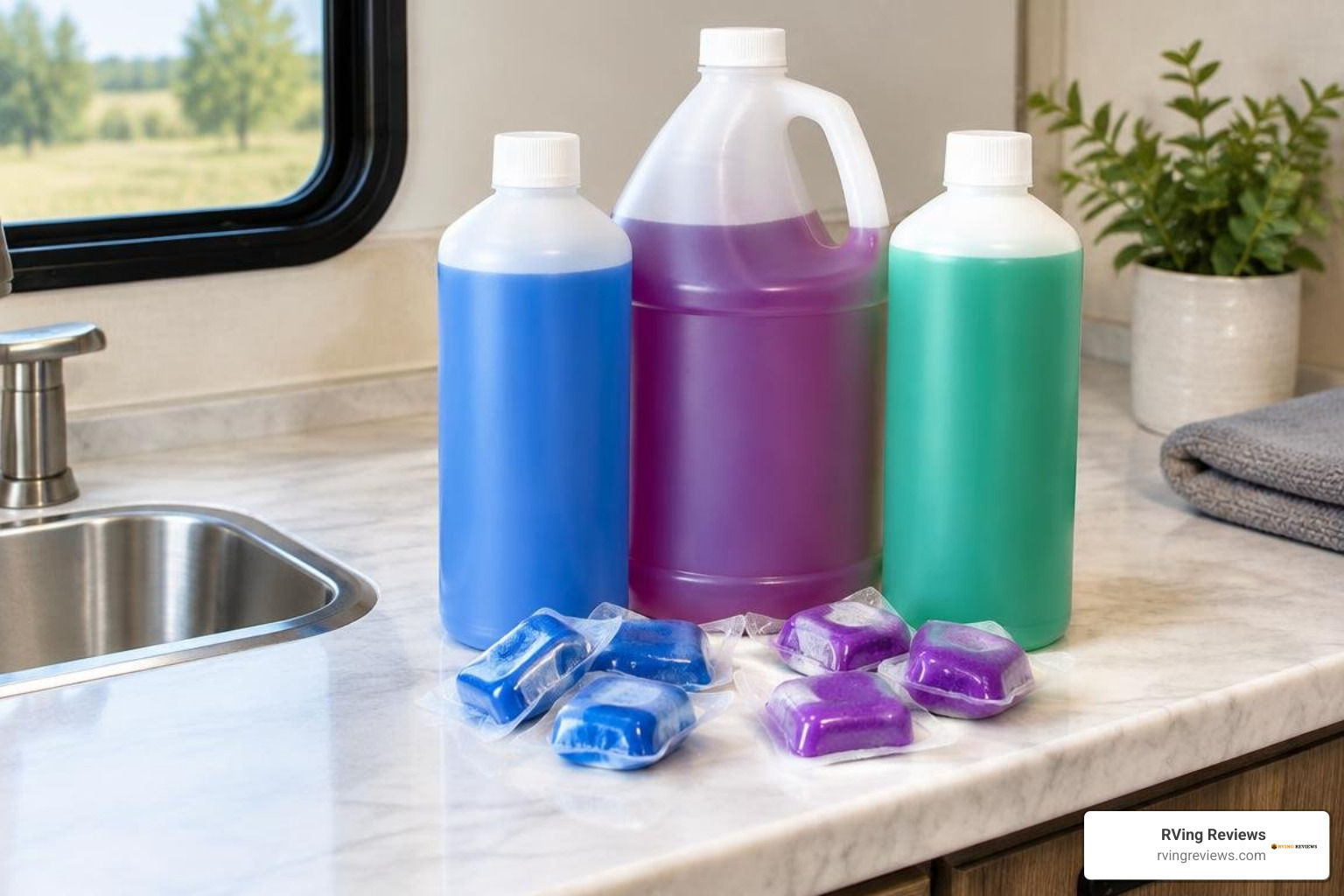 Top holding tank treatment bottles and drop-in pods on a counter Top holding tank treatment bottles and drop-in pods on a counter