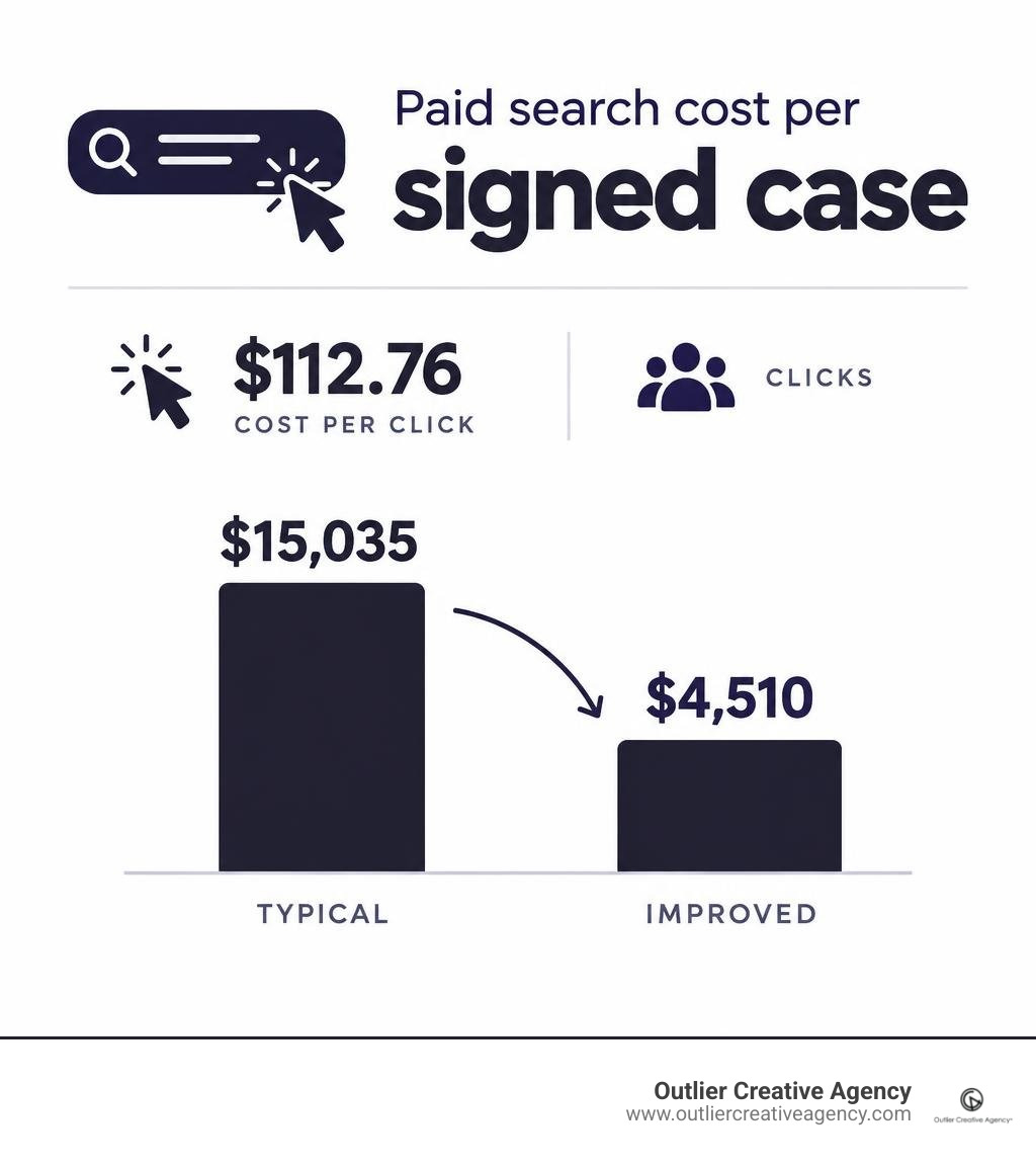 Paid search cost per signed case: $112.76 clicks, typical $15,035 versus improved $4,510 infographic