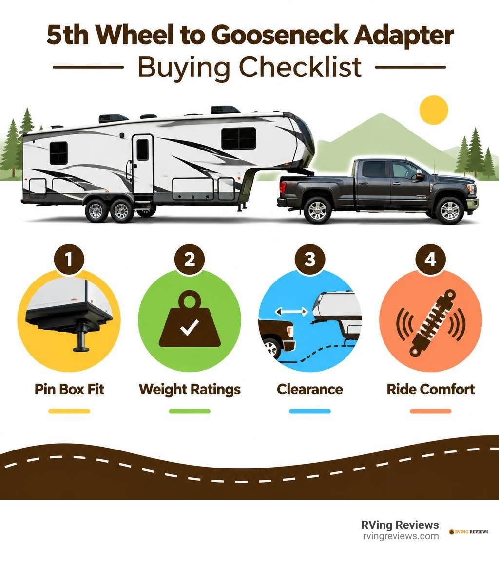 5th wheel to gooseneck adapter buying checklist: pin box fit, weight ratings, clearance, and ride comfort infographic