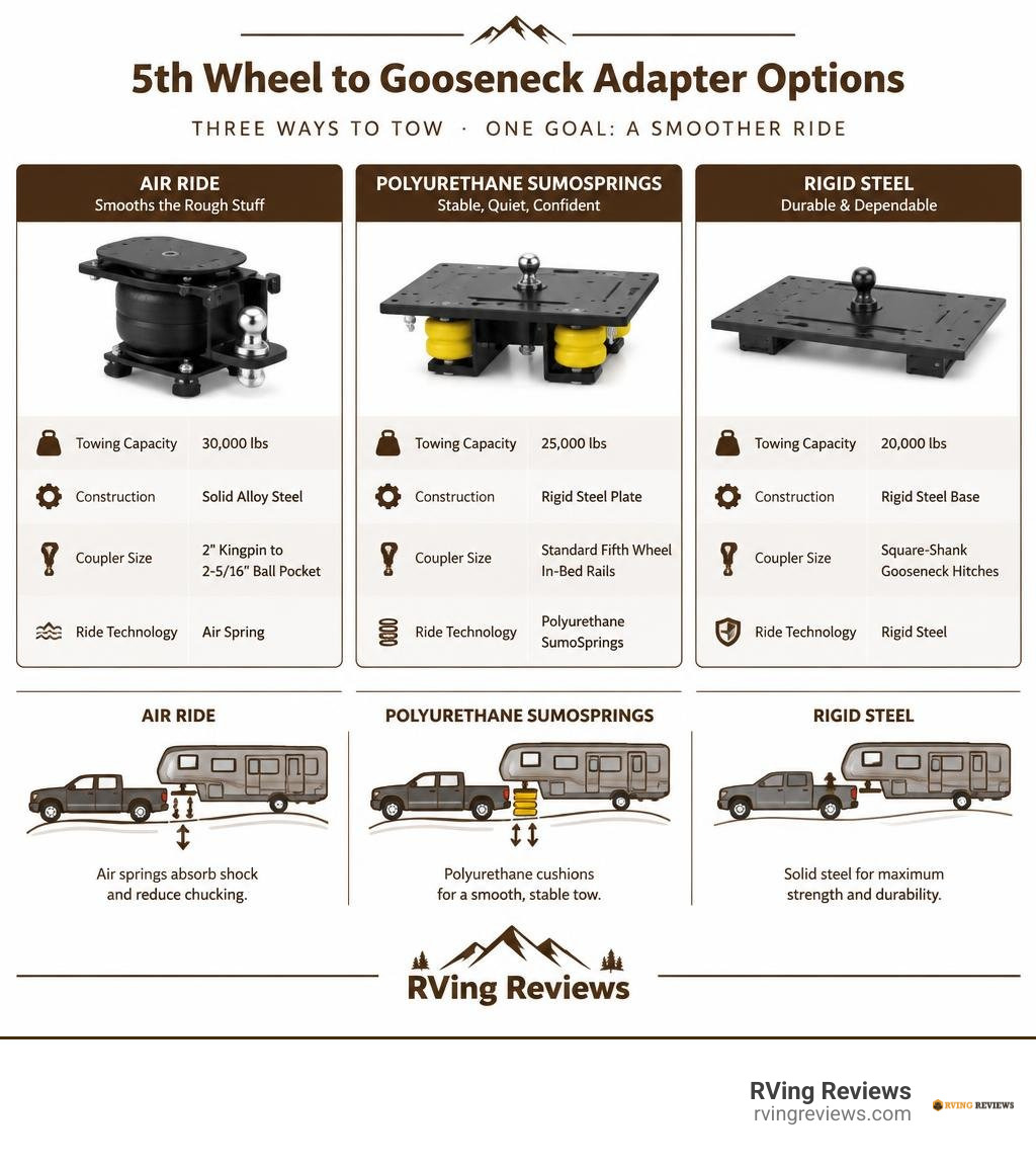 comparison chart of air ride, polyurethane sumosprings, and rigid steel towing adapters infographic