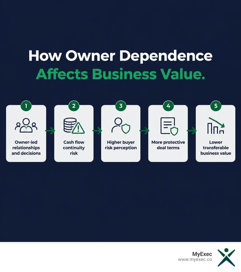 MyExec infographic titled How Owner Dependence Affects Business Value, showing five steps from owner-led relationships and decisions to cash flow risk, higher buyer risk, more protective deal terms and lower transferable value