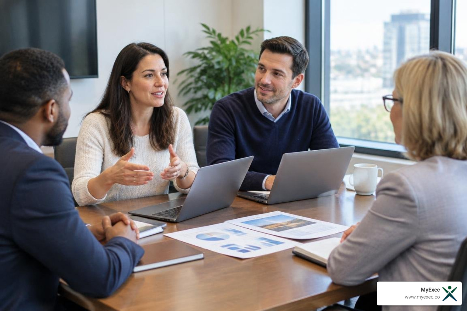 Account managers meeting with commercial clients around a conference table with laptops and printed account plans