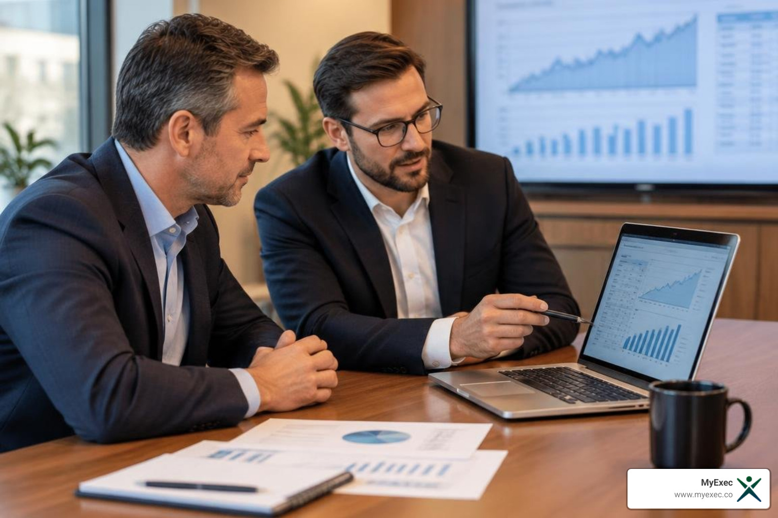 Two advisors in suits review financial charts on a laptop at a conference table, with printed reports and a growth chart on a wall screen behind them Two advisors in suits review financial charts on a laptop at a conference table, with printed reports and a growth chart on a wall screen behind them