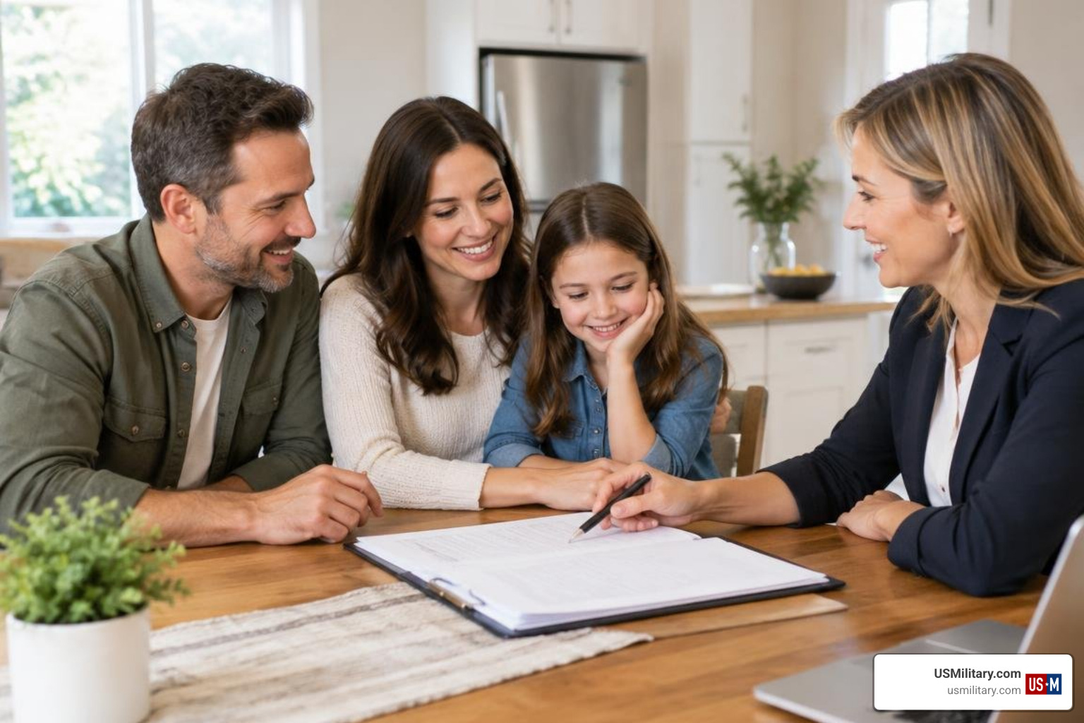 American veteran and family discussing a home purchase