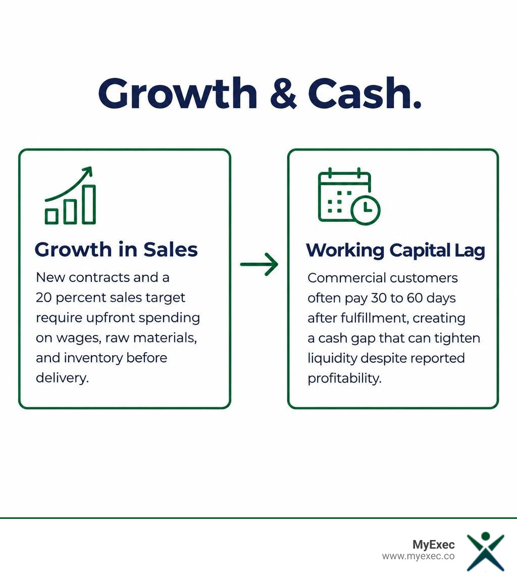 MyExec infographic titled Growth and Cash showing how sales growth requires upfront spending on wages and inventory, followed by a working capital lag while customers pay in 30 to 60 days MyExec infographic titled Growth and Cash showing how sales growth requires upfront spending on wages and inventory, followed by a working capital lag while customers pay in 30 to 60 days