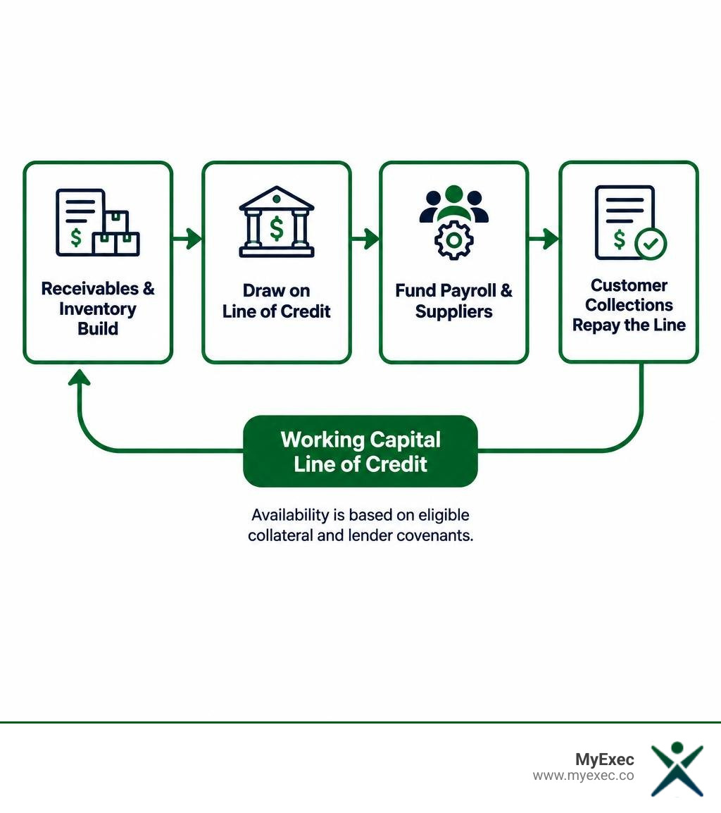 MyExec infographic showing the working capital line of credit cycle: receivables and inventory build, draw on the line, fund payroll and suppliers, and customer collections repay the line MyExec infographic showing the working capital line of credit cycle: receivables and inventory build, draw on the line, fund payroll and suppliers, and customer collections repay the line