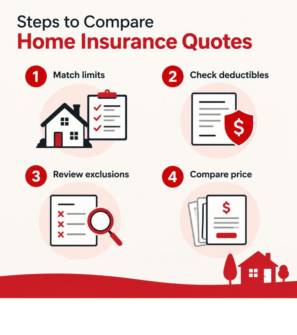 Steps to compare home insurance quotes: match limits, check deductibles, review exclusions, compare price infographic Steps to compare home insurance quotes: match limits, check deductibles, review exclusions, compare price infographic