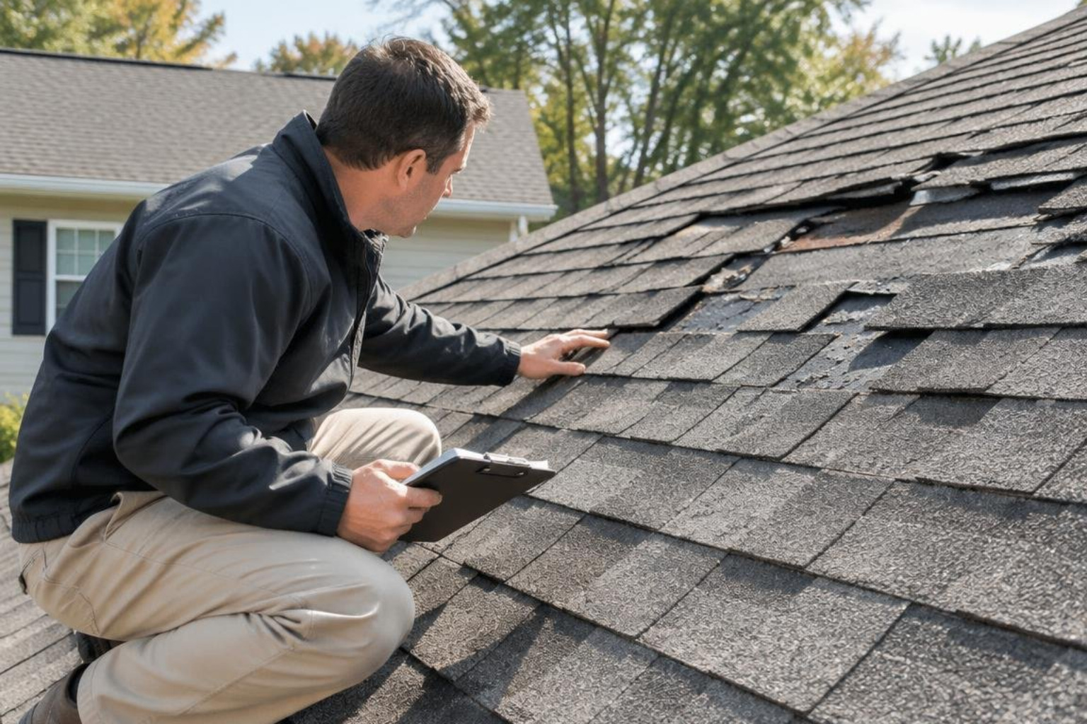 insurance adjuster inspecting storm damage on a residential shingle roof insurance adjuster inspecting storm damage on a residential shingle roof